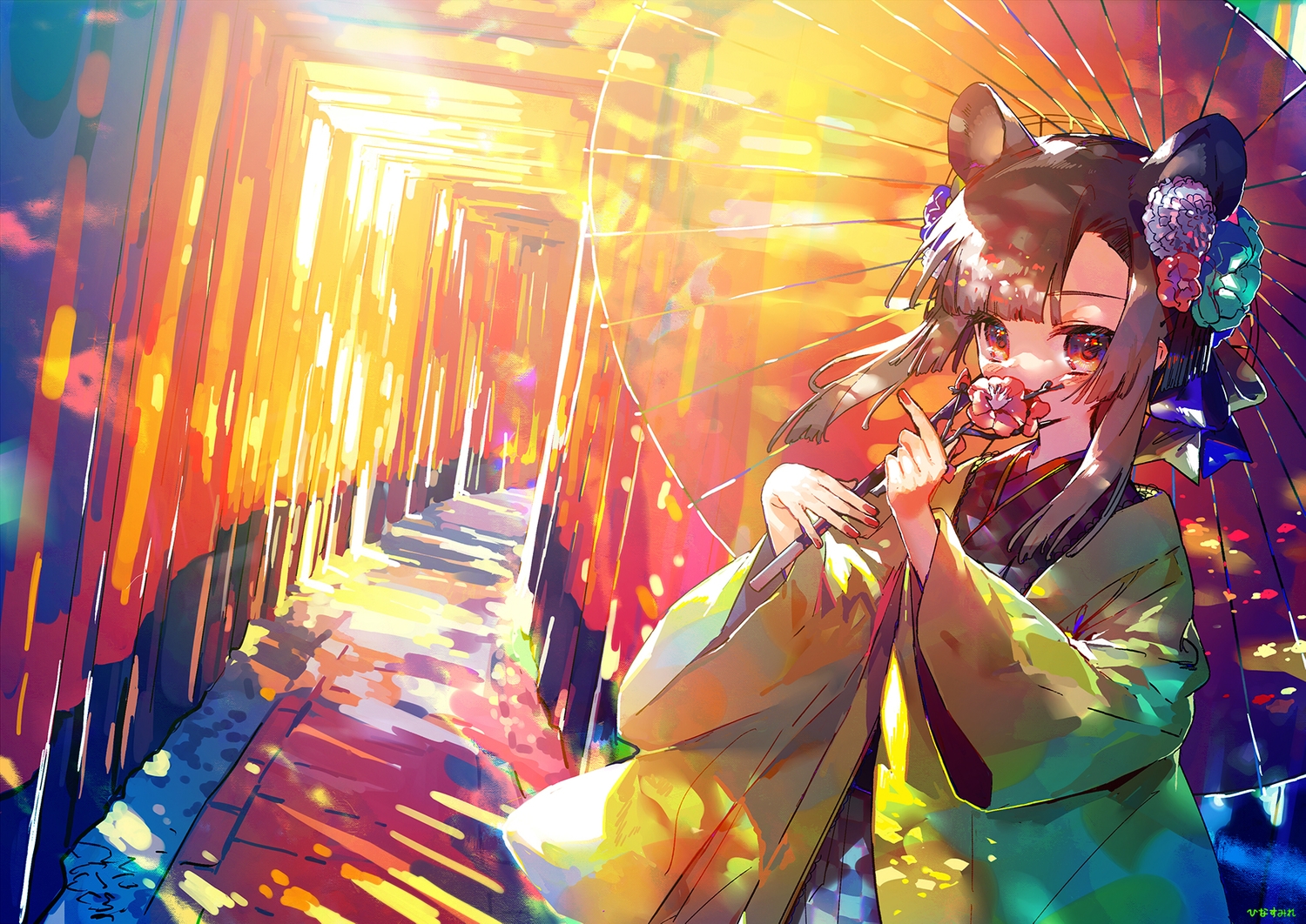 animal_ears, blush, brown_hair, flowers, hinasumire, japanese_clothes, kimono, mousegirl, original, red_eyes, signed, torii, umbrella