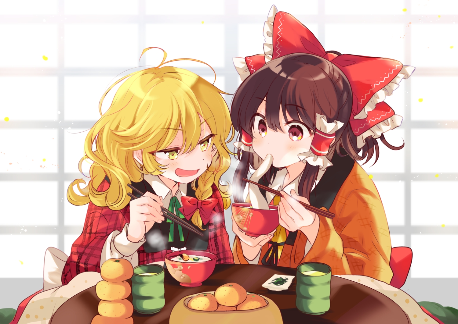 2girls, blonde_hair, blush, bow, braids, brown_hair, drink, food, fruit, hakurei_reimu, japanese_clothes, kirisame_marisa, kotatsu, orange_(fruit), poprication, red_eyes, touhou, yellow_eyes