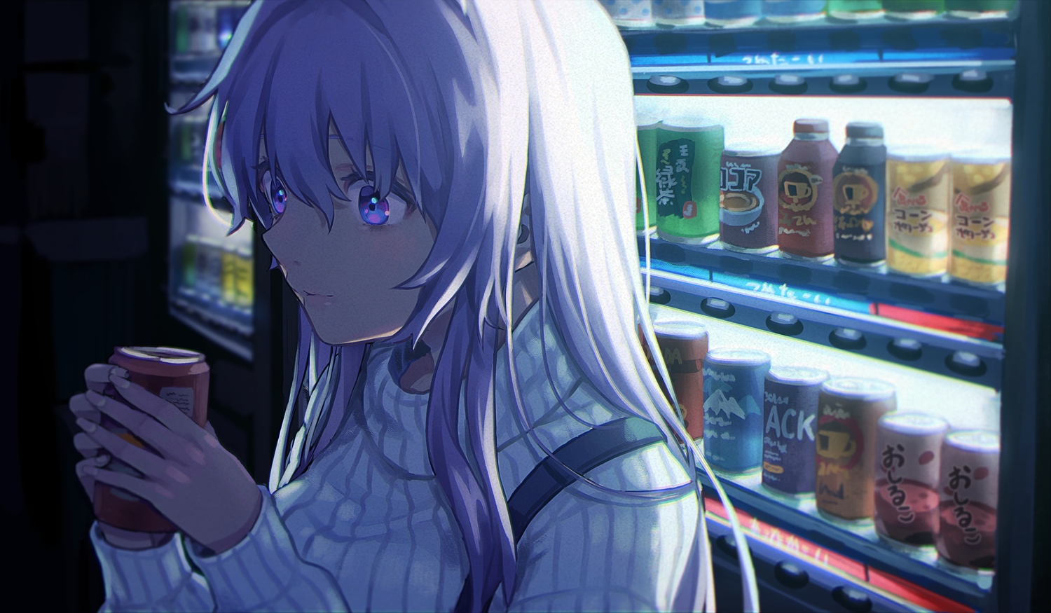 close, dark, drink, long_hair, night, original, purple_eyes, saino, white_hair