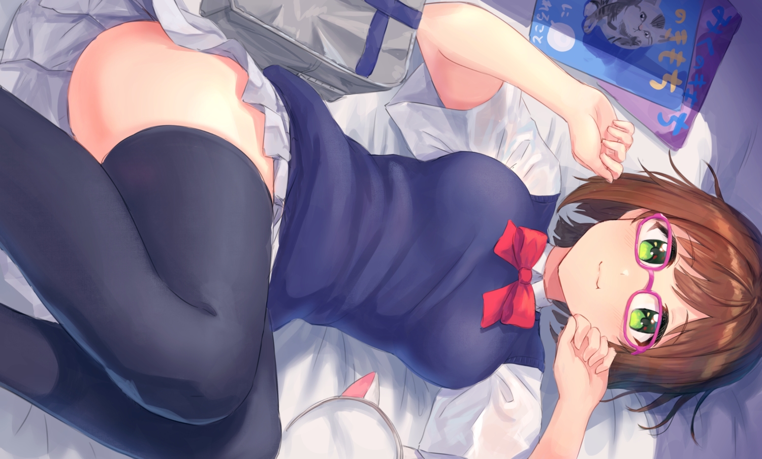 animal_ears, bed, blush, bow, brown_hair, cat_smile, dress, glasses
