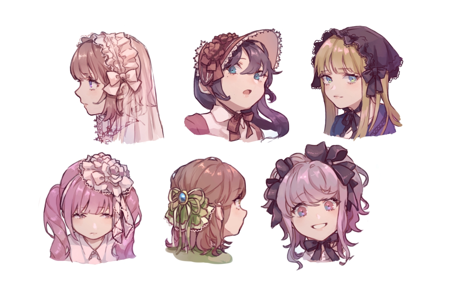 aqua_eyes, blonde_hair, bow, brown_eyes, brown_hair, gray_hair, green_eyes, headdress