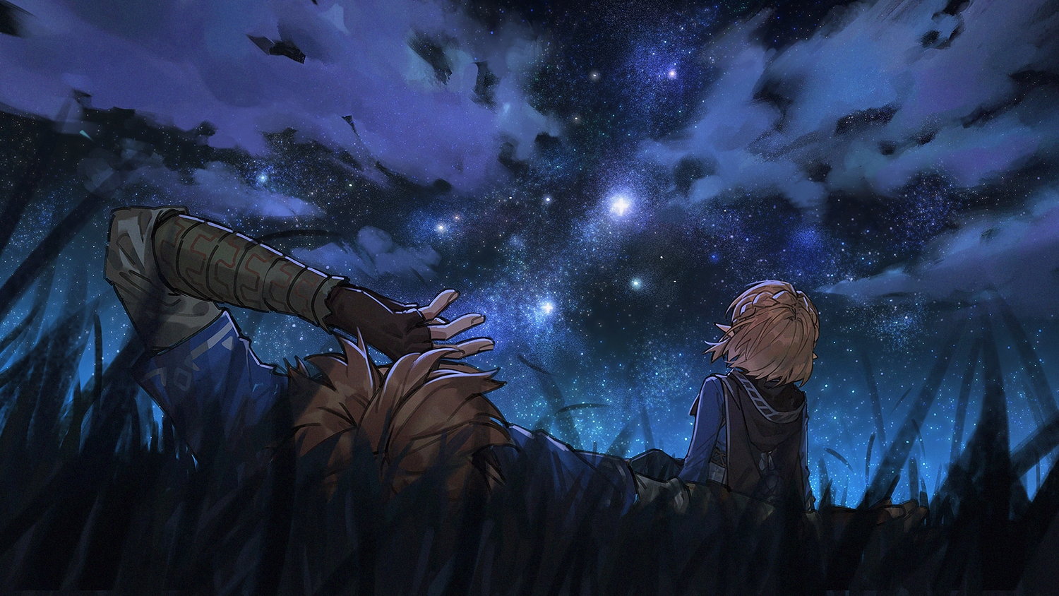 alzi_xiaomi, blonde_hair, braids, clouds, grass, link_(zelda), male, night