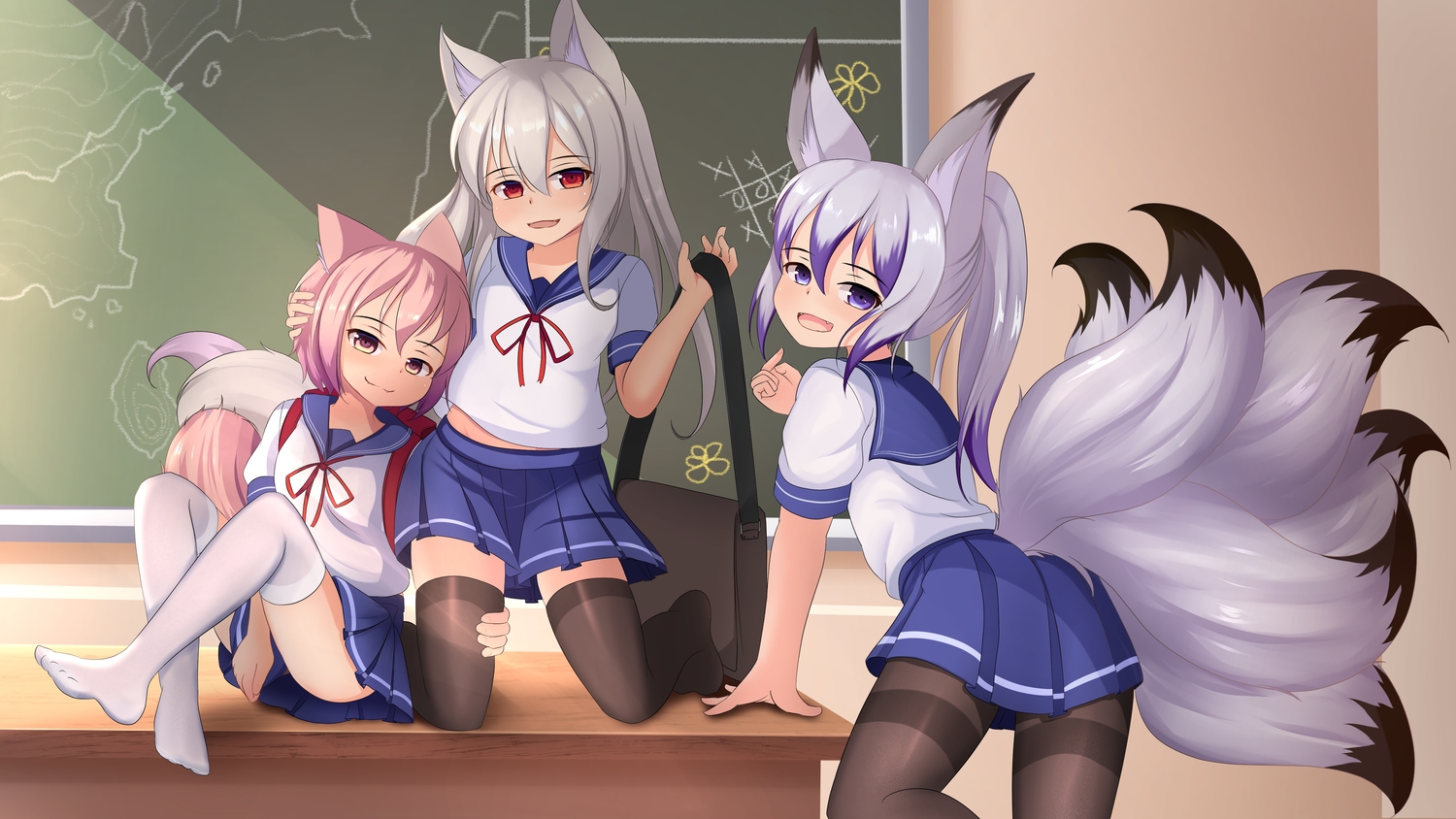 animal_ears, blush, fang, foxgirl, hotel01, loli, original, pantyhose