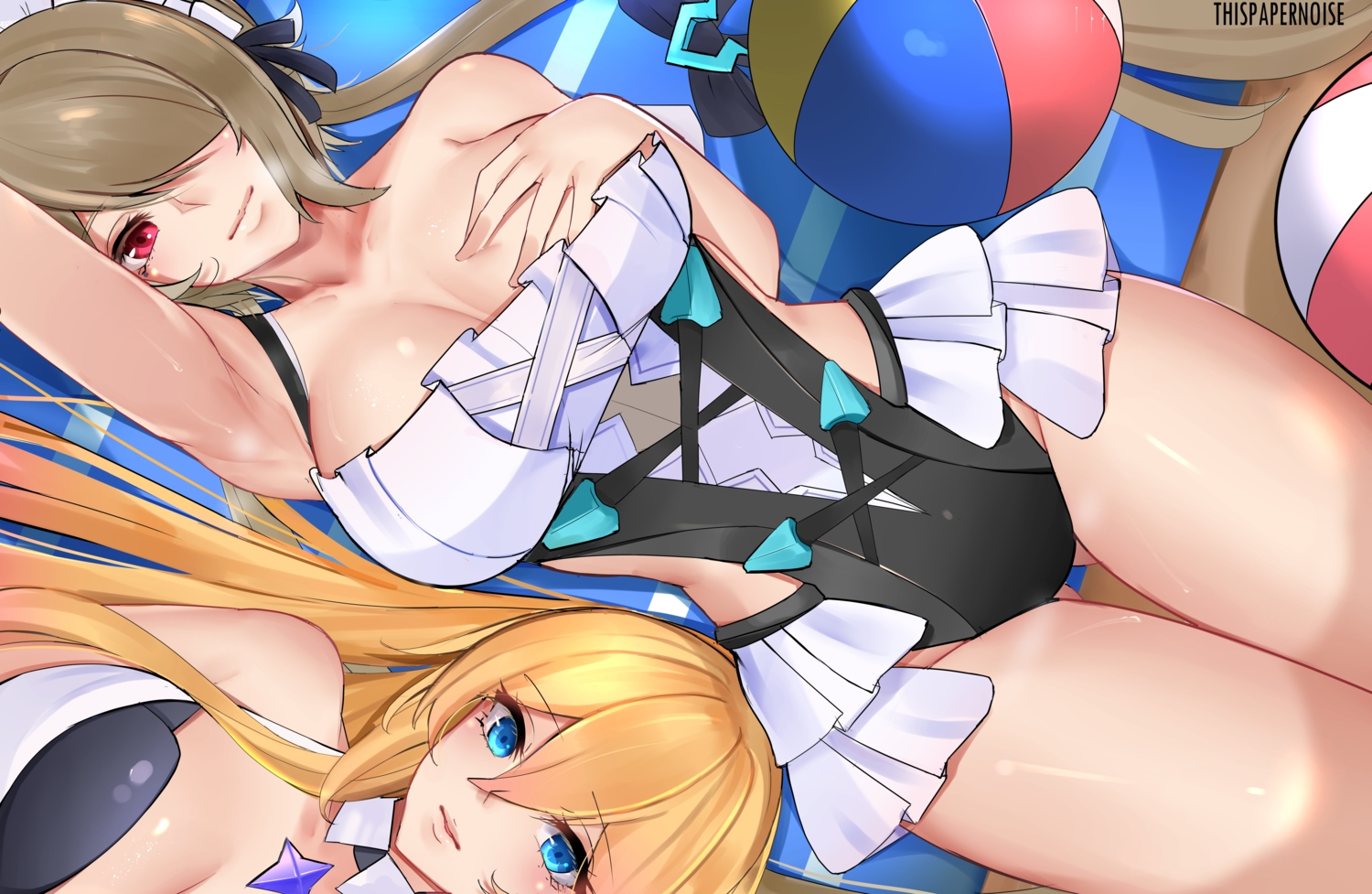 2girls, aqua_eyes, ball, blonde_hair, breast_hold, breasts, brown_hair, cleavage
