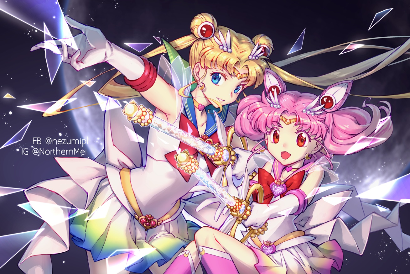 2girls, blonde_hair, blue_eyes, boots, bow, chibiusa, choker, elbow_gloves