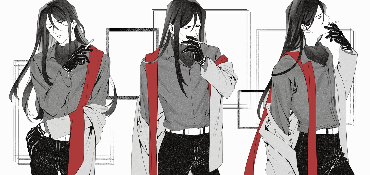 all_male, black_hair, cigarette, fate_(series), gloves, lalatia-meai, long_hair, lord_el-melloi_ii