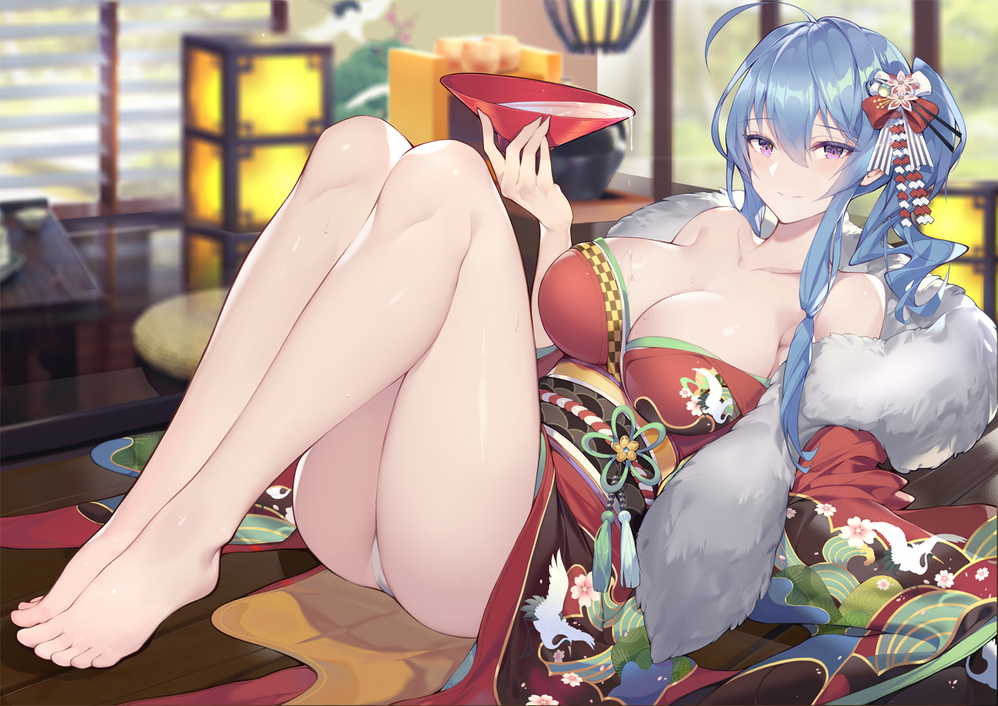 anthropomorphism, azur_lane, barefoot, breasts, calder, cleavage, drink, japanese_clothes, kimono, sake, st._louis_(azur_lane)