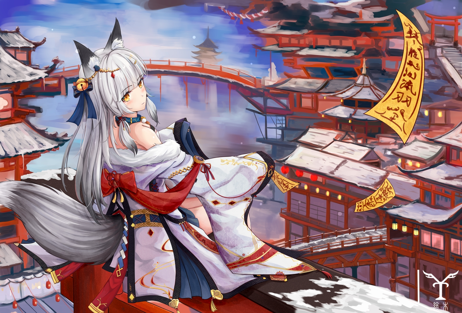 animal_ears, bell, building, foxgirl, gray_hair, long_hair, ofuda, orange_eyes