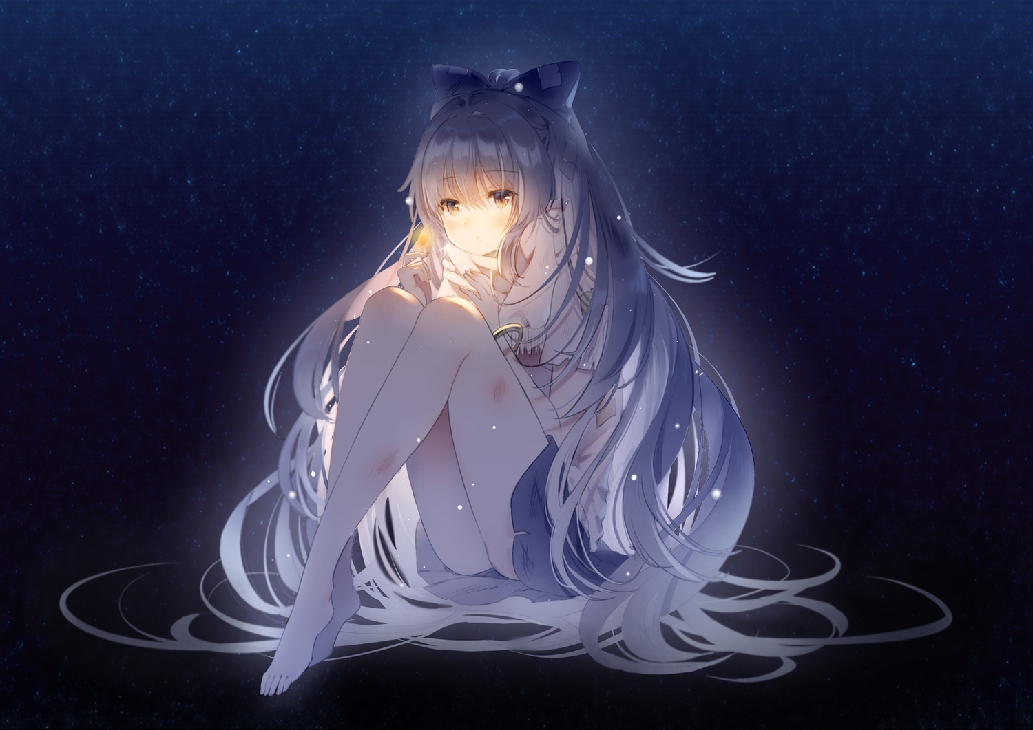 barefoot, blue_hair, bow, brown_eyes, fire, jiji_(381134808), long_hair, scarf, touhou, wristwear, yorigami_shion