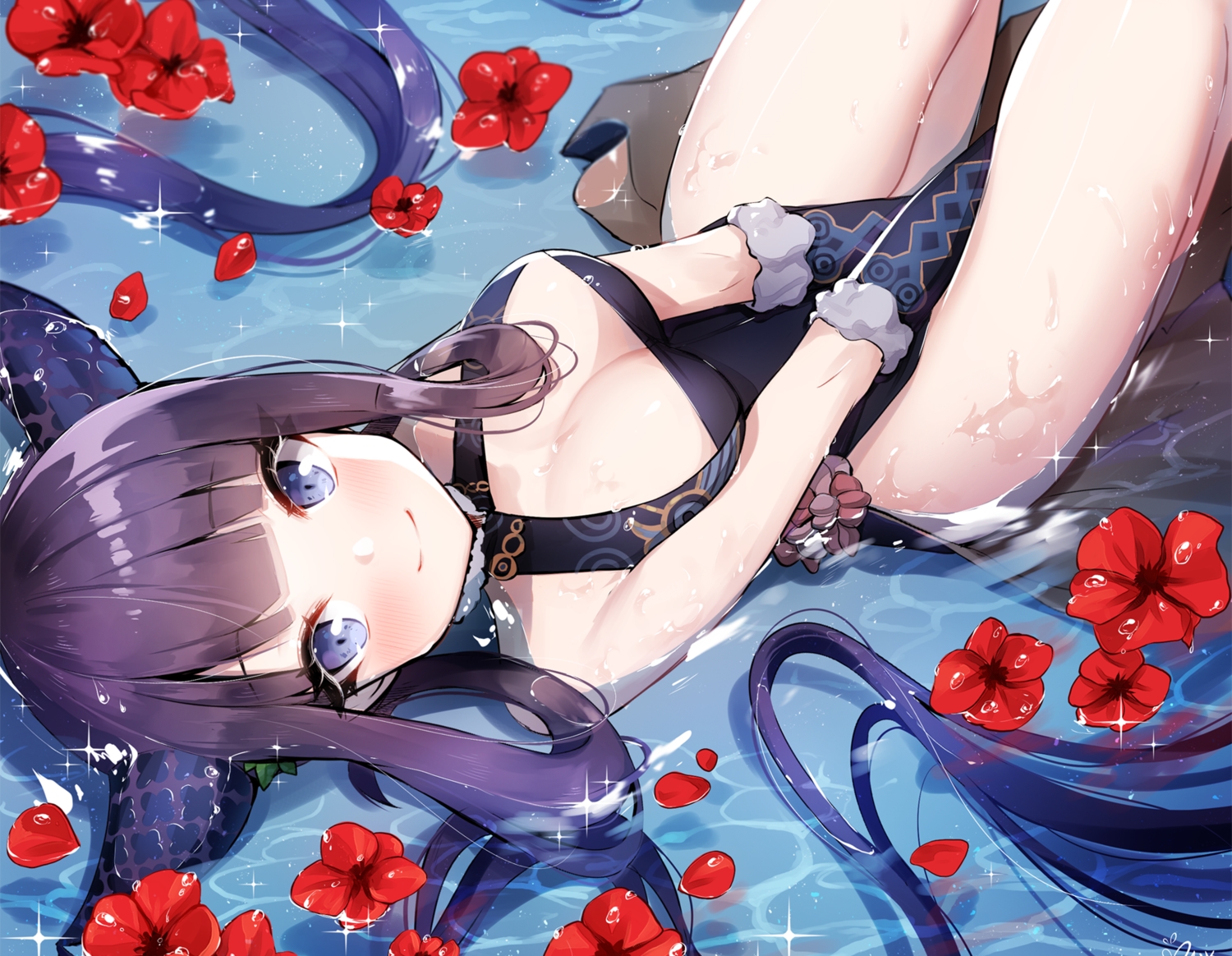 ankkoyom, cropped, fate/grand_order, fate_(series), flowers, long_hair, twintails, water