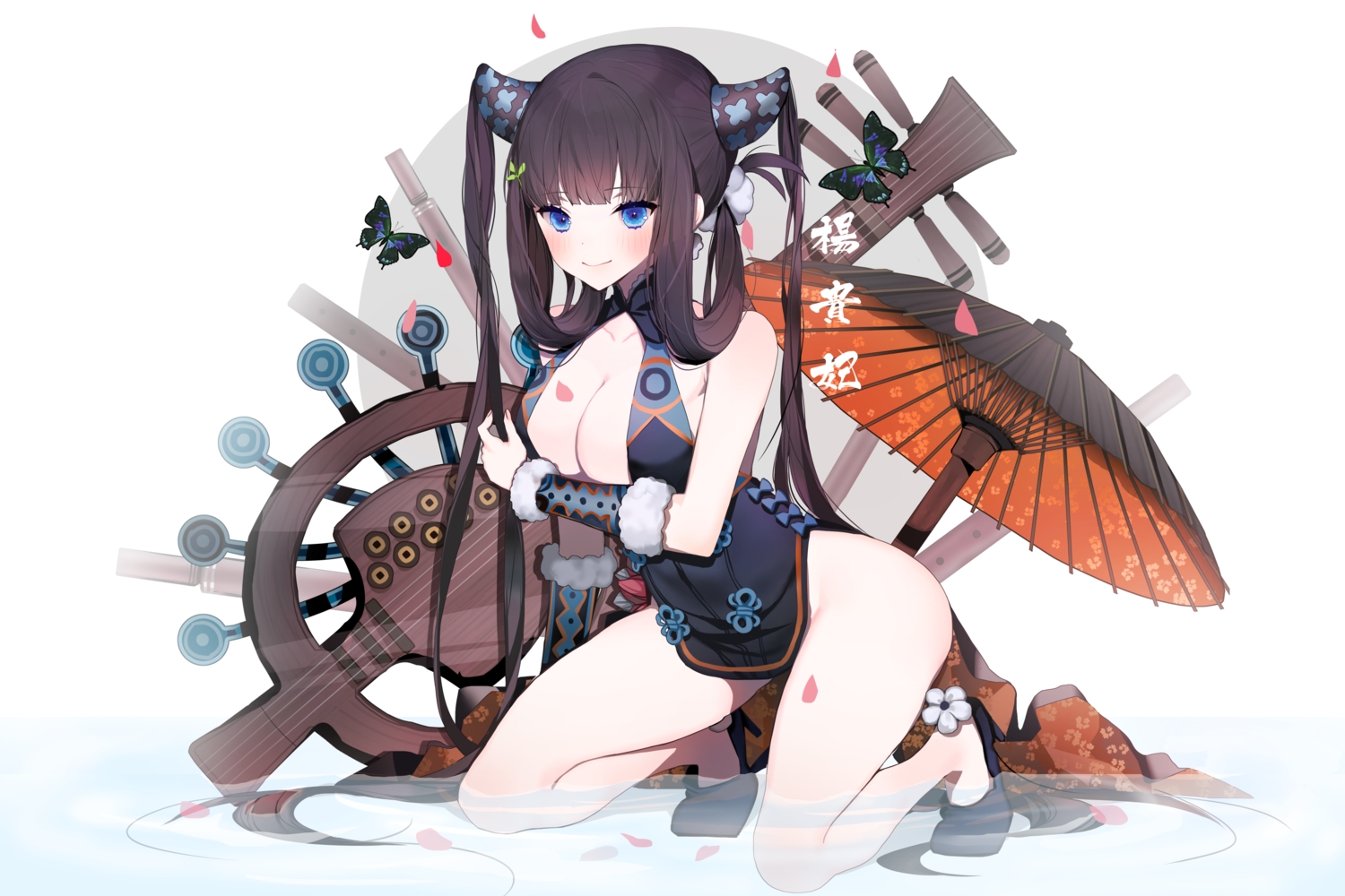 breast_hold, breasts, cleavage, fate/grand_order, fate_(series), instrument, long_hair, modanyang, twintails, umbrella, water, yang_guifei_(fate/grand_order)