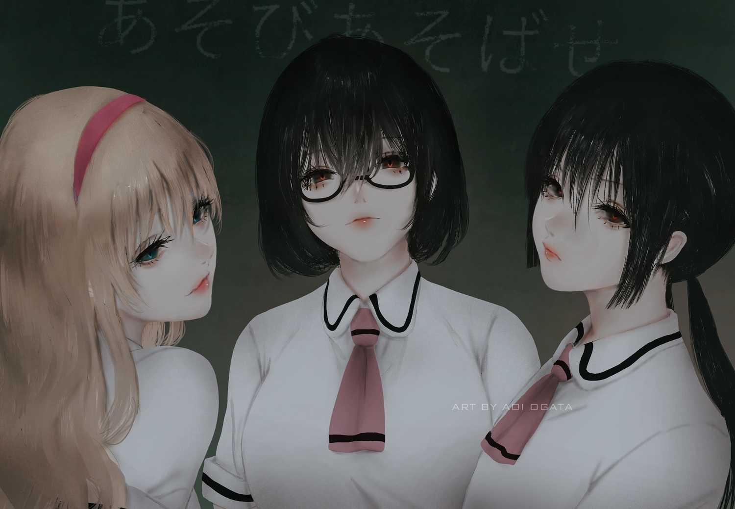 aoi_ogata, asobi_asobase, black_hair, blonde_hair, blue_eyes, brown_eyes, glasses, headband, honda_hanako, long_hair, nomura_kasumi, olivia_(asobi_asobase), ponytail, school_uniform, short_hair, watermark