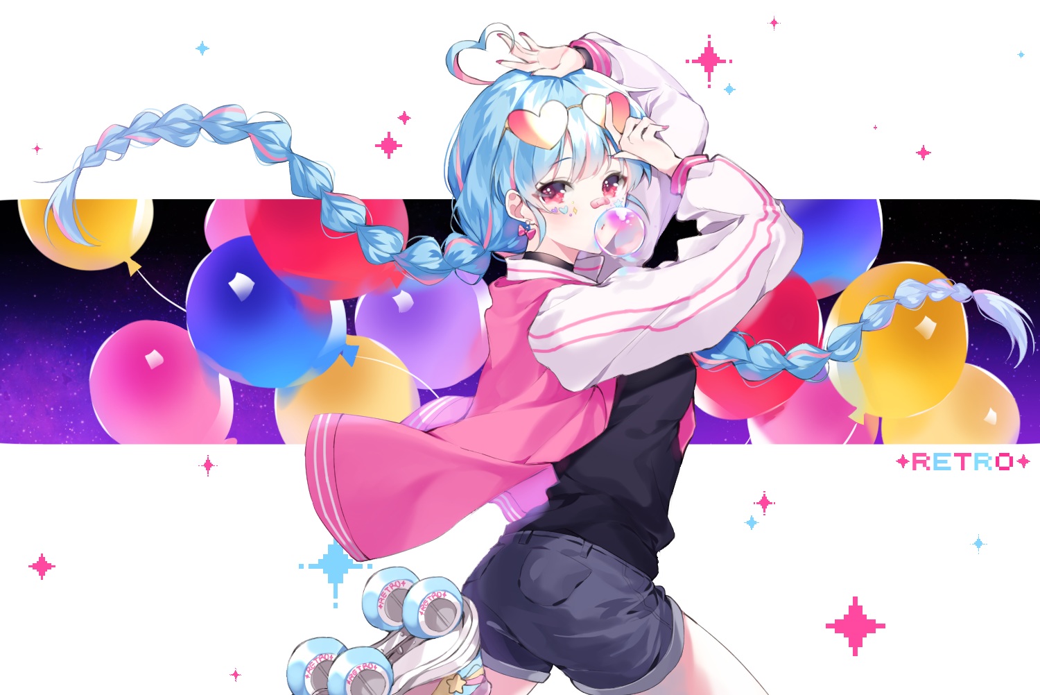 aqua_hair, braids, cho_yeon26, glasses, long_hair, original, red_eyes, shorts, twintails