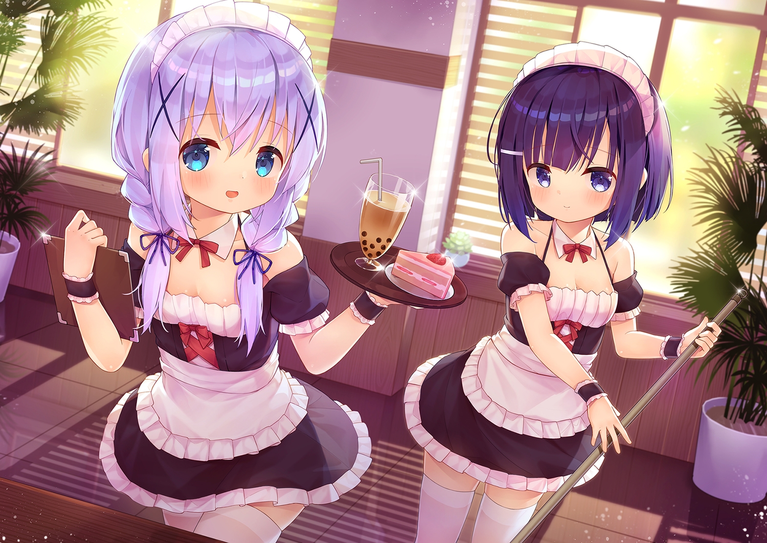 2girls, aqua_eyes, blush, cake, drink, food, fuiba_fuyu, gochuumon_wa_usagi_desu_ka?