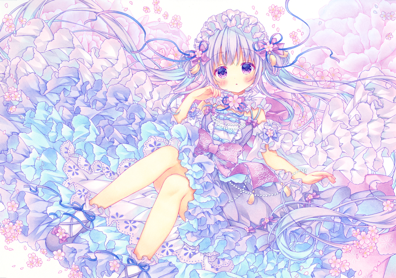 blush, dress, flowers, lolita_fashion, long_hair, original, polychromatic, purple_eyes