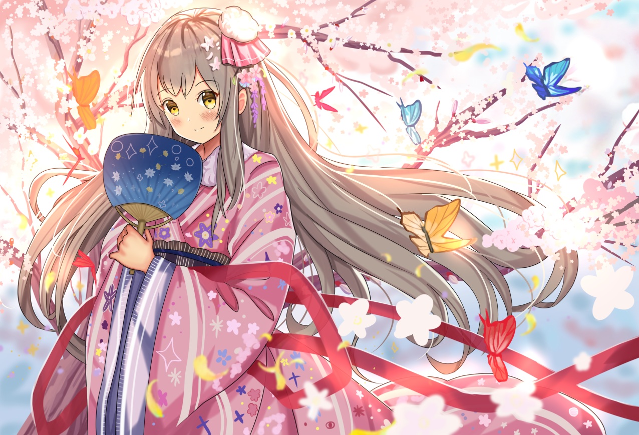 ame_sagari, blush, brown_hair, butterfly, cherry_blossoms, fan, flowers, japanese_clothes