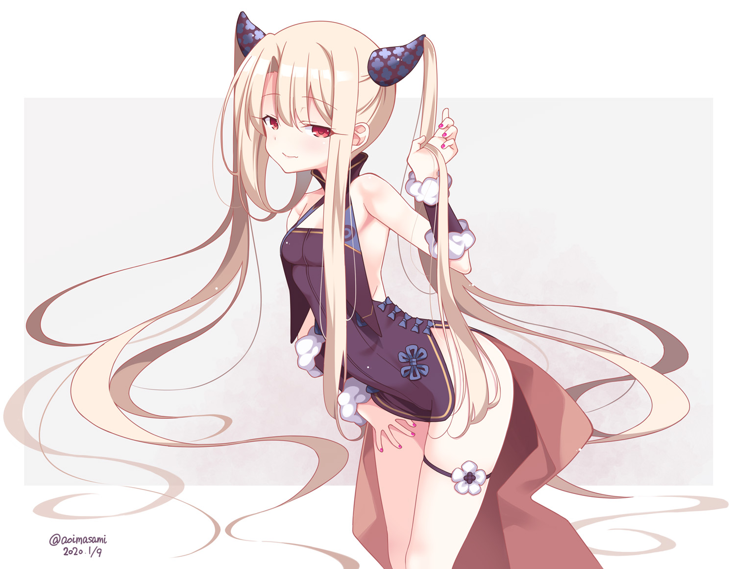 blonde_hair, chinese_clothes, chinese_dress, cosplay, dress, fate/grand_order, fate_(series), garter, illyasviel_von_einzbern, long_hair, red_eyes, signed, soukai_(lemonmaiden), twintails, wristwear