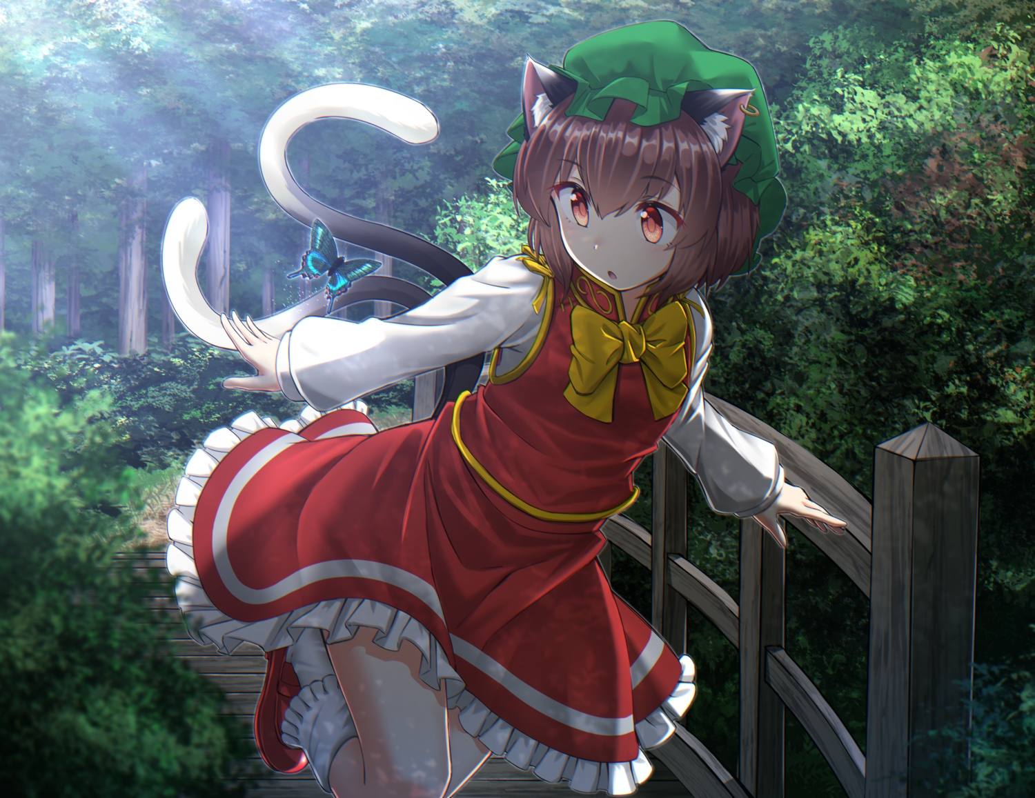 animal_ears, bow, brown_hair, butterfly, catgirl, chen, forest, green