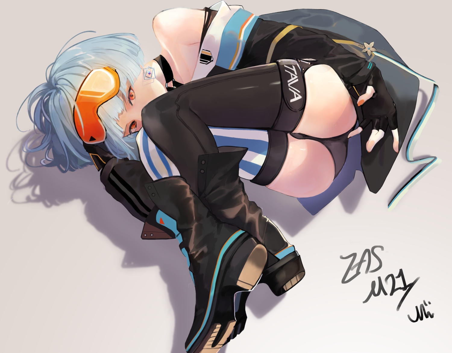 anthropomorphism, ass, blue_hair, boots, choker, girls_frontline, gloves, goggles