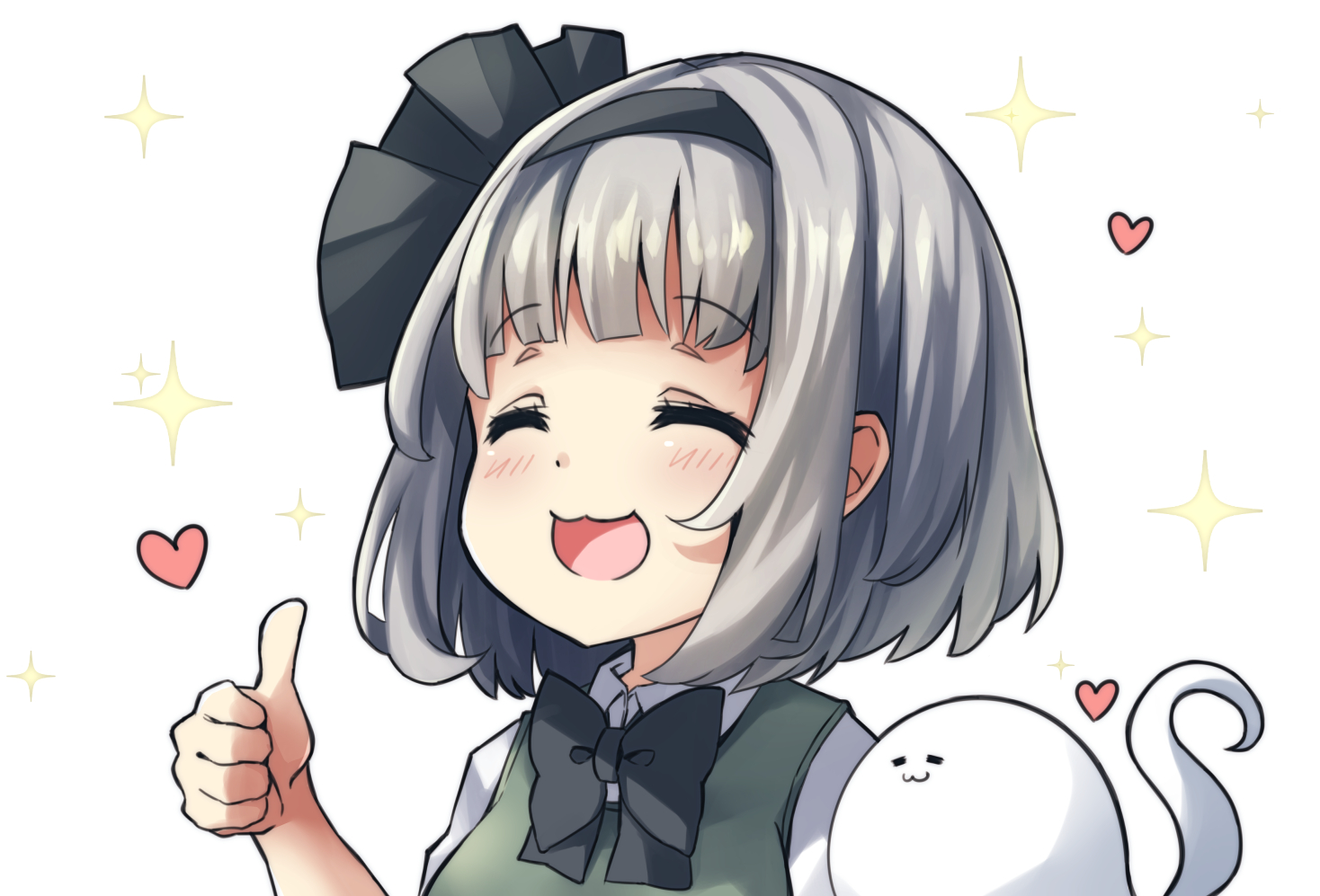 blush, bow, cat_smile, close, gray_hair, headband, heart, konpaku_youmu