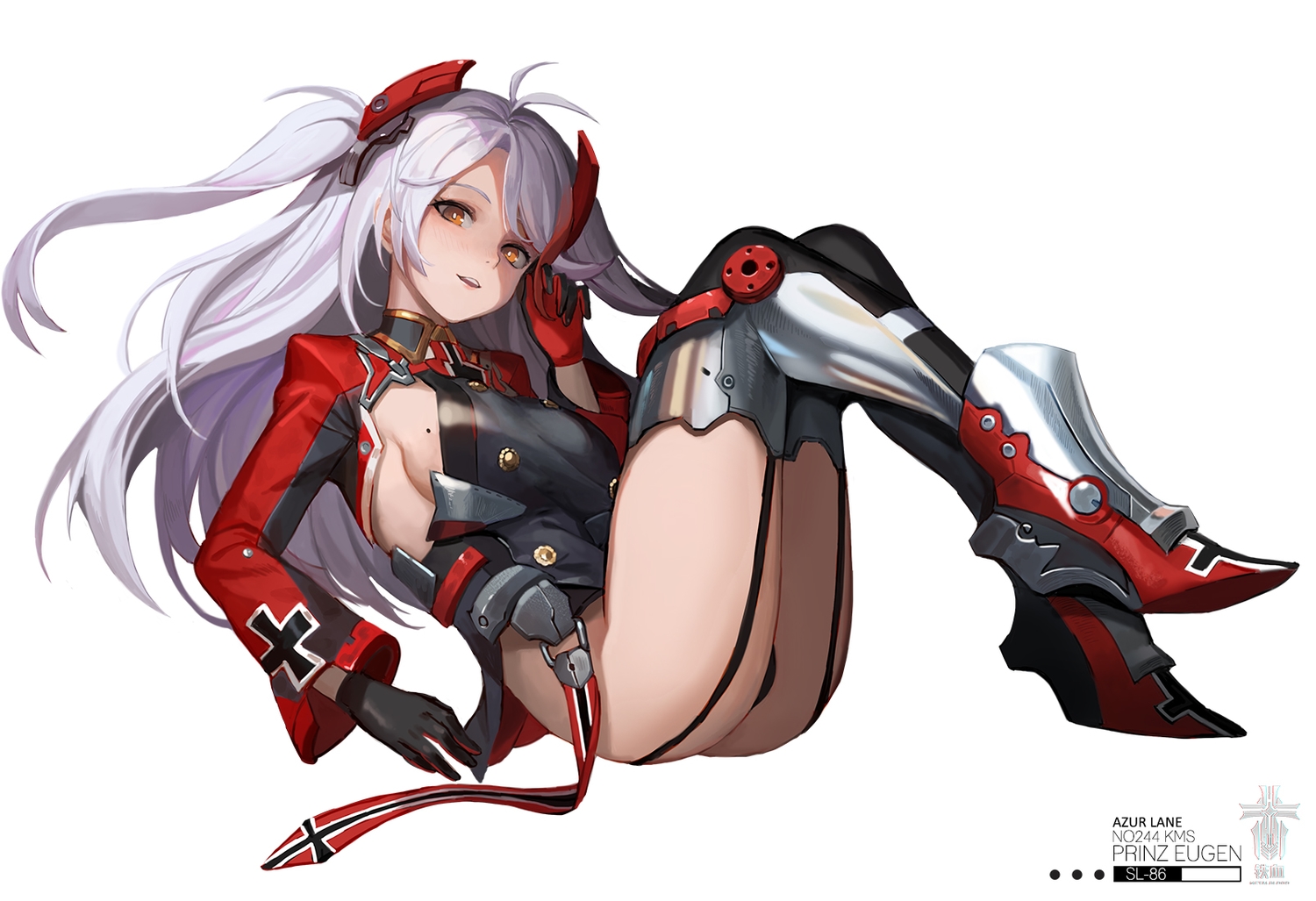 anthropomorphism, ass, azur_lane, breasts, garter_belt, gloves, gray_hair, long_hair, orange_eyes, prinz_eugen_(azur_lane), rainmood, sideboob, twintails, white