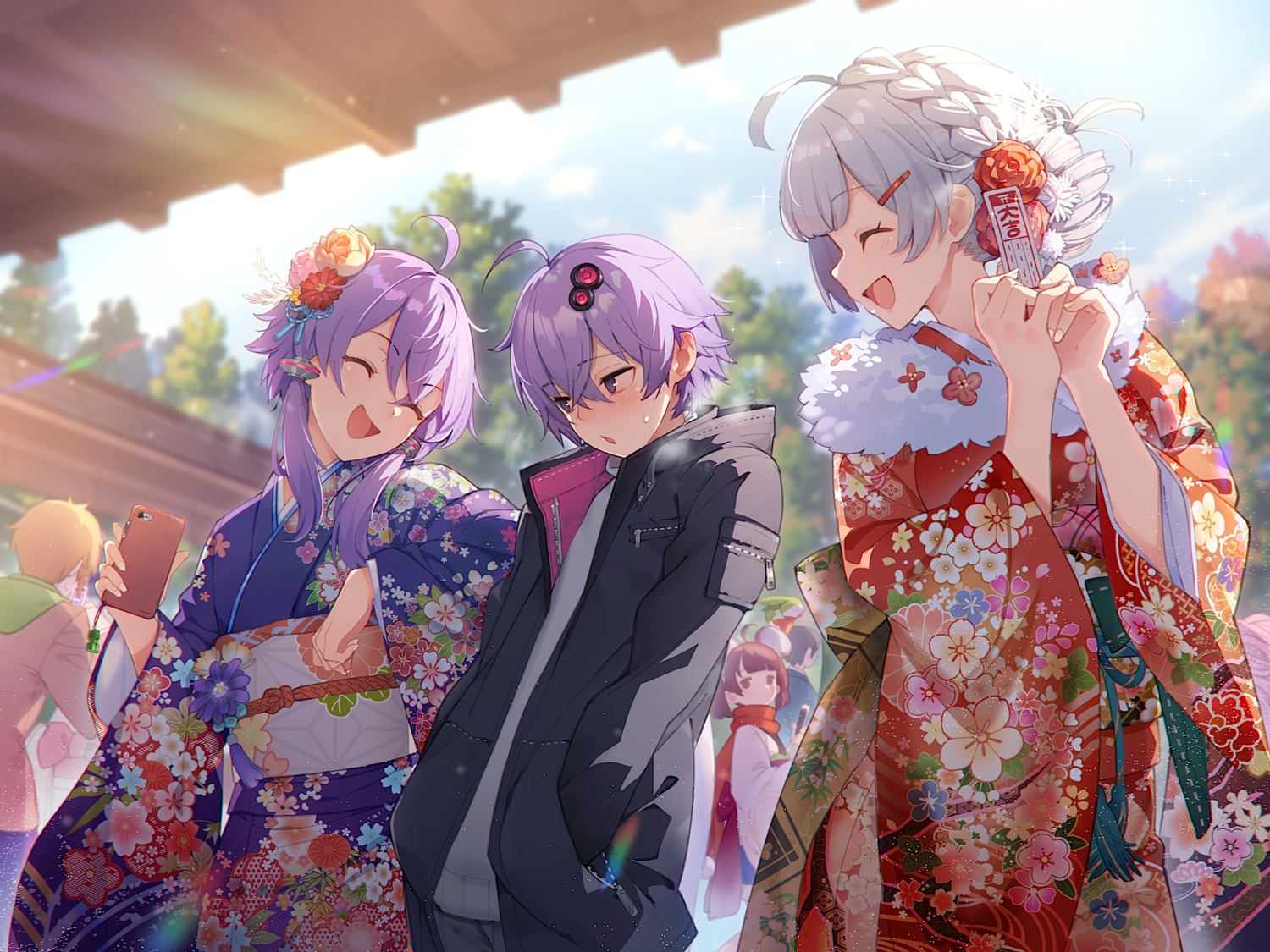 animal_ears, braids, brown_hair, gray_hair, group, hood, japanese_clothes, kimono, kizuna_akari, male, minase_kou, mousegirl, original, phone, purple_eyes, purple_hair, shirinda_fureiru, short_hair, shrine, touhoku_kiritan, twins, twintails, vocaloid, voiceroid, yuzuki_yukari, yuzuki_yukari's_younger_twin_brother