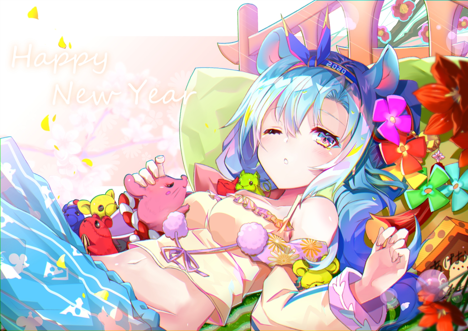 animal, animal_ears, aqua_hair, bed, blush, flowers, headband, kousetsu_samonji_(tenka_hyakken), long_hair, mouse, mousegirl, navel, pajamas, pink_eyes, sho_(runatic_moon), tenka_hyakken, wink