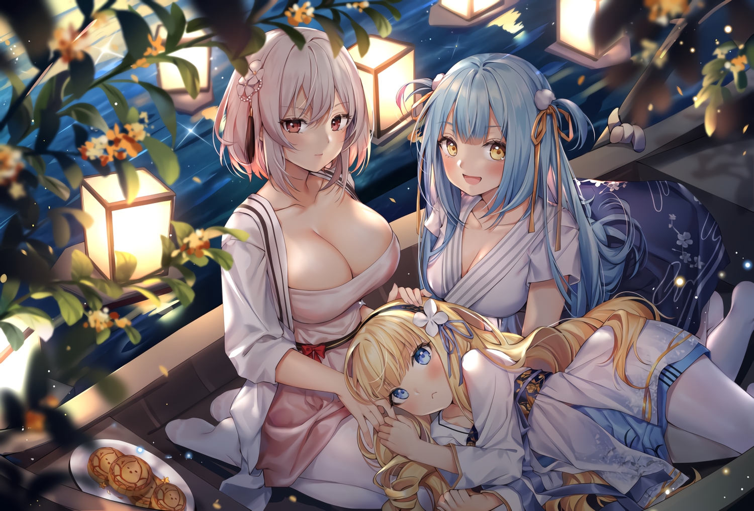 anthropomorphism, azur_lane, blonde_hair, blue_eyes, blue_hair, blush, boat, breasts