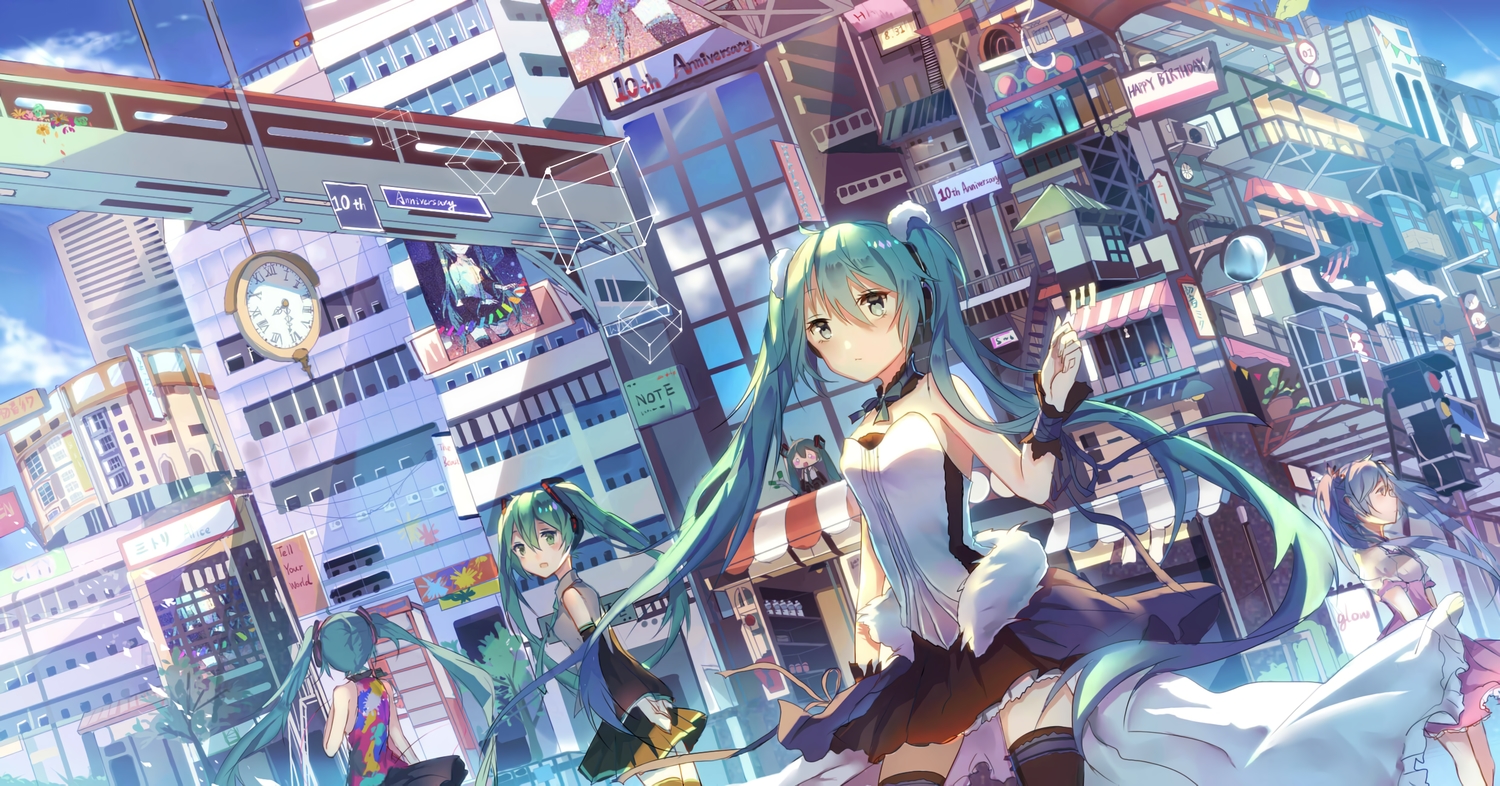 7th_dragon_2020, building, city, dress, green_eyes, green_hair, hachune_miku, hatsune_miku