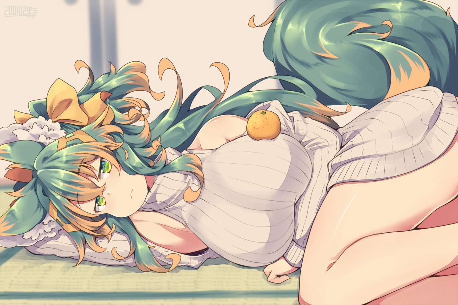 animal_ears, breasts, brown_hair, food, foxgirl, fruit, green_eyes, kuromiya