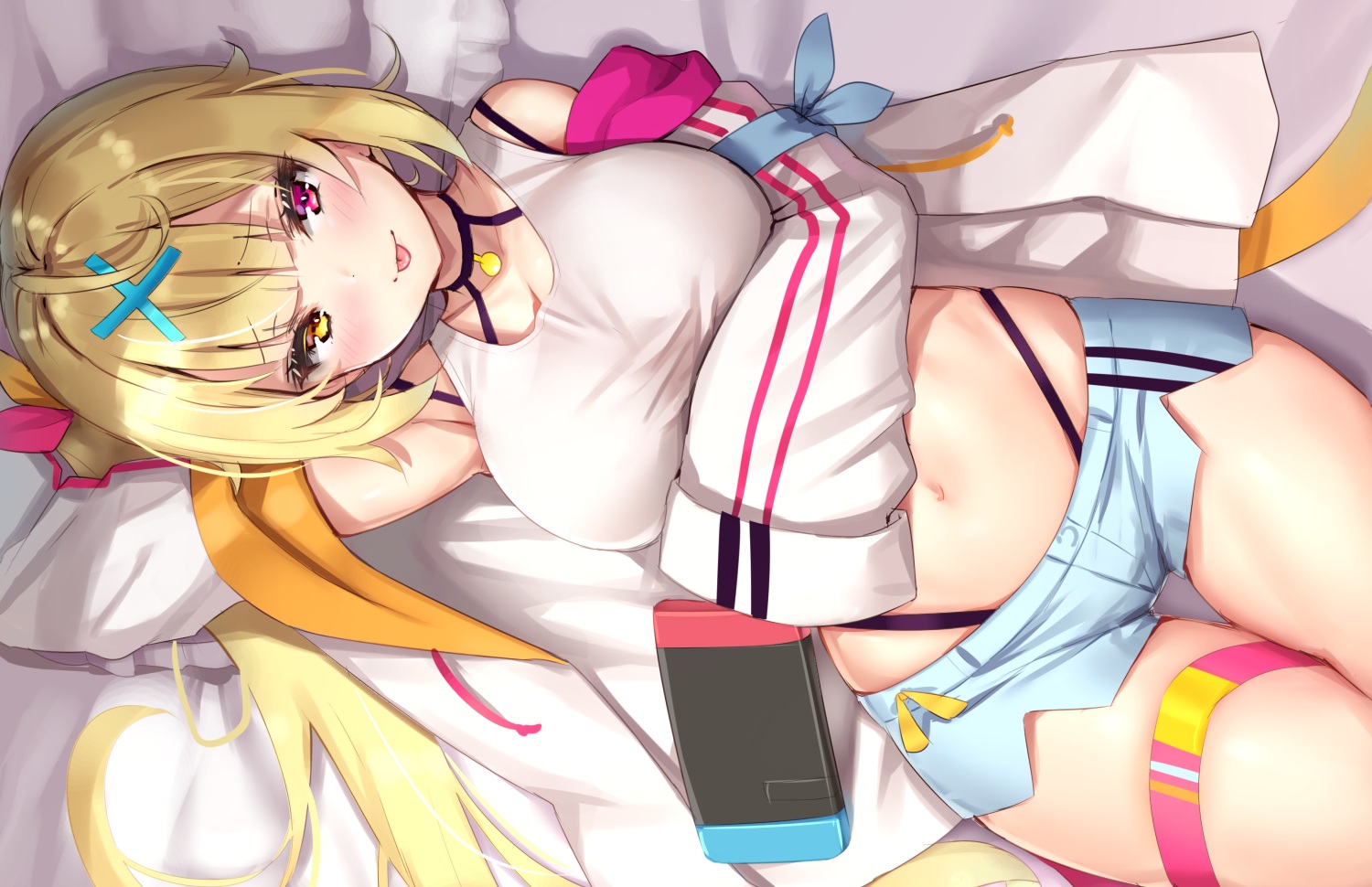 bicolored_eyes, blonde_hair, blush, breast_hold, breasts, choker, cleavage, game_console, garter, hoshikawa_sara, long_hair, navel, nijisanji, ponytail, reinama, shorts