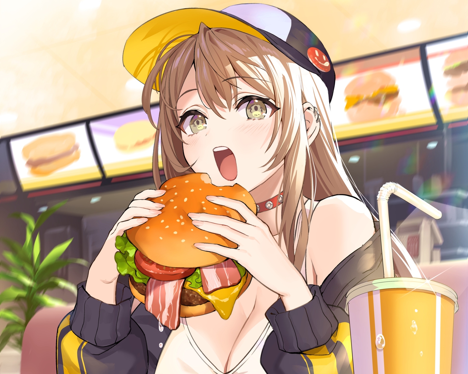 blush, breasts, brown_eyes, brown_hair, choker, cleavage, cropped, drink, food, hat, long_hair, original, teffish