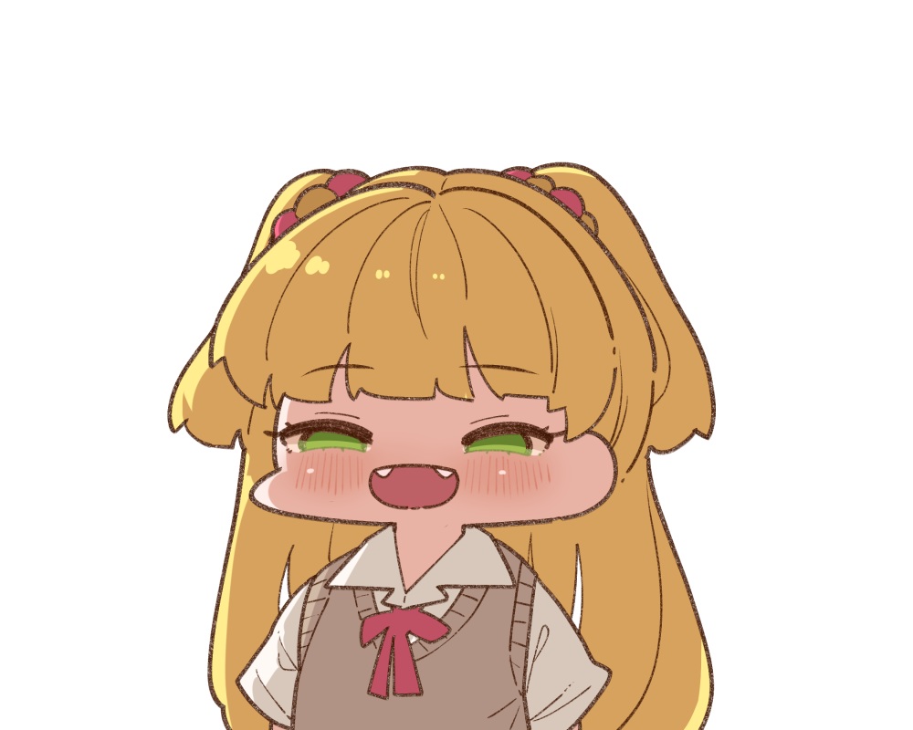 blonde_hair, blush, chibi, fang, green_eyes, idolmaster, idolmaster_cinderella_girls, jougasaki_rika, loli, long_hair, school_uniform, takatoo_kurosuke, twintails, white