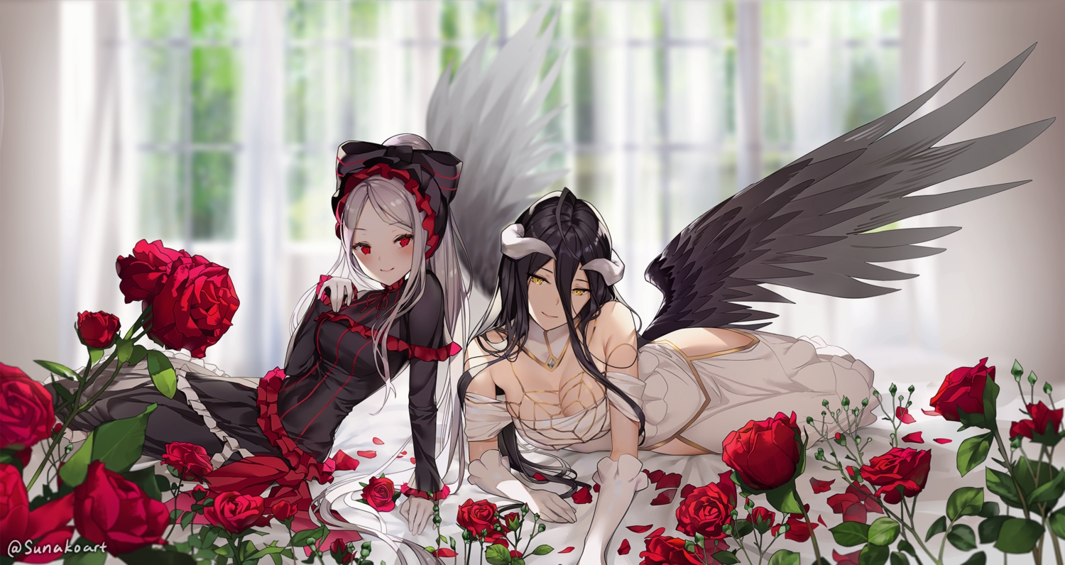 2girls, albedo, aliasing, black_hair, blush, breasts, cleavage, demon, dress, elbow_gloves, flowers, gloves, goth-loli, gray_hair, horns, lolita_fashion, long_hair, overlord, ponytail, red_eyes, rose, shalltear_bloodfallen, signed, succubus, sunako_(veera), wings, yellow_eyes