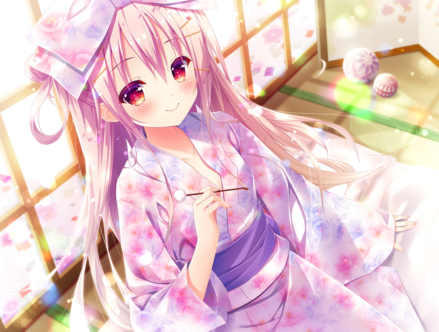 blush, bow, inagaki_miiko, japanese_clothes, long_hair, original, pink_hair