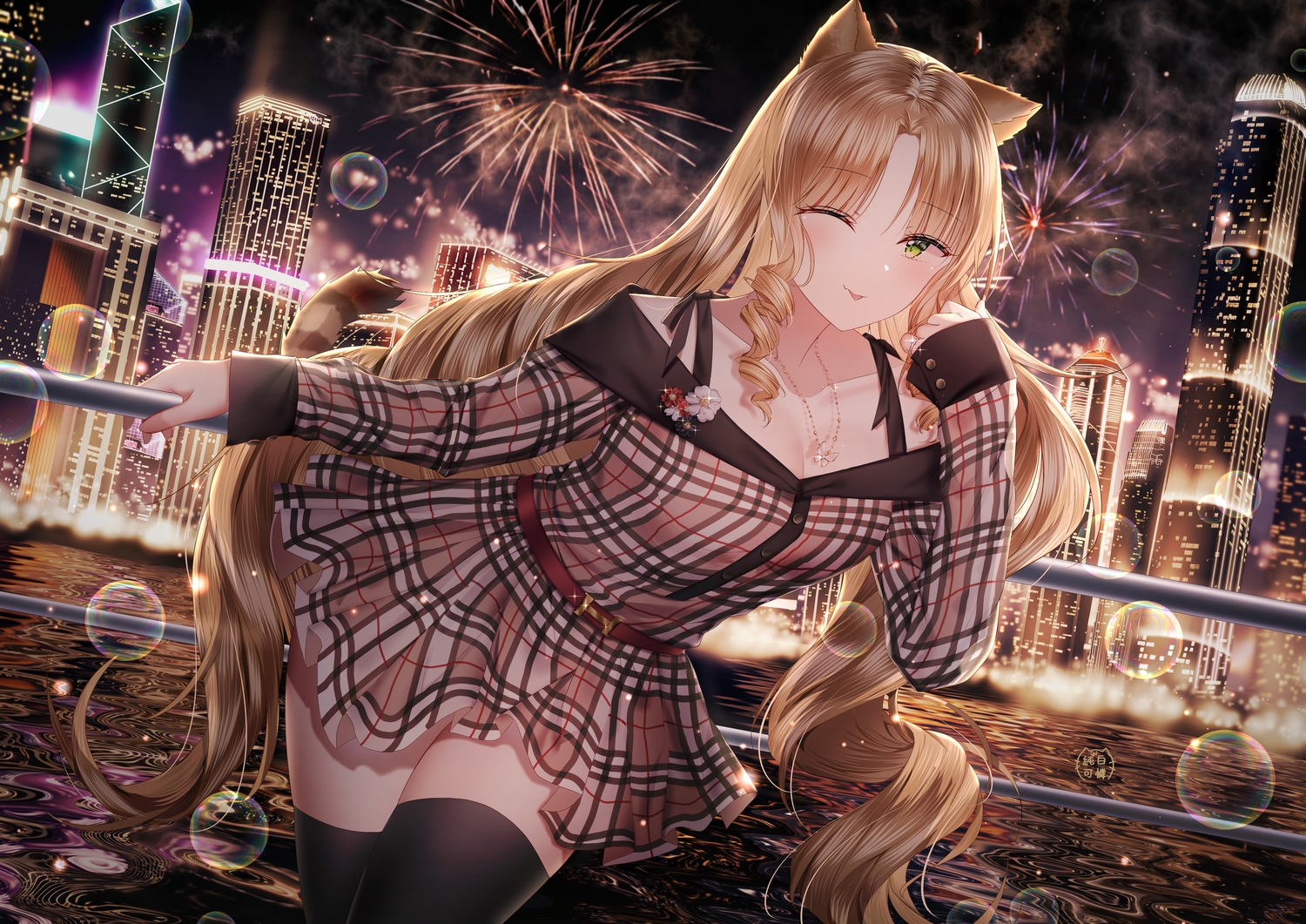 aliasing, animal_ears, arknights, blonde_hair, blush, bubbles, building, catgirl, city, dress, fireworks, green_eyes, jpeg_artifacts, junpaku_karen, long_hair, necklace, sky, swire_(arknights), tail, thighhighs, water, wink