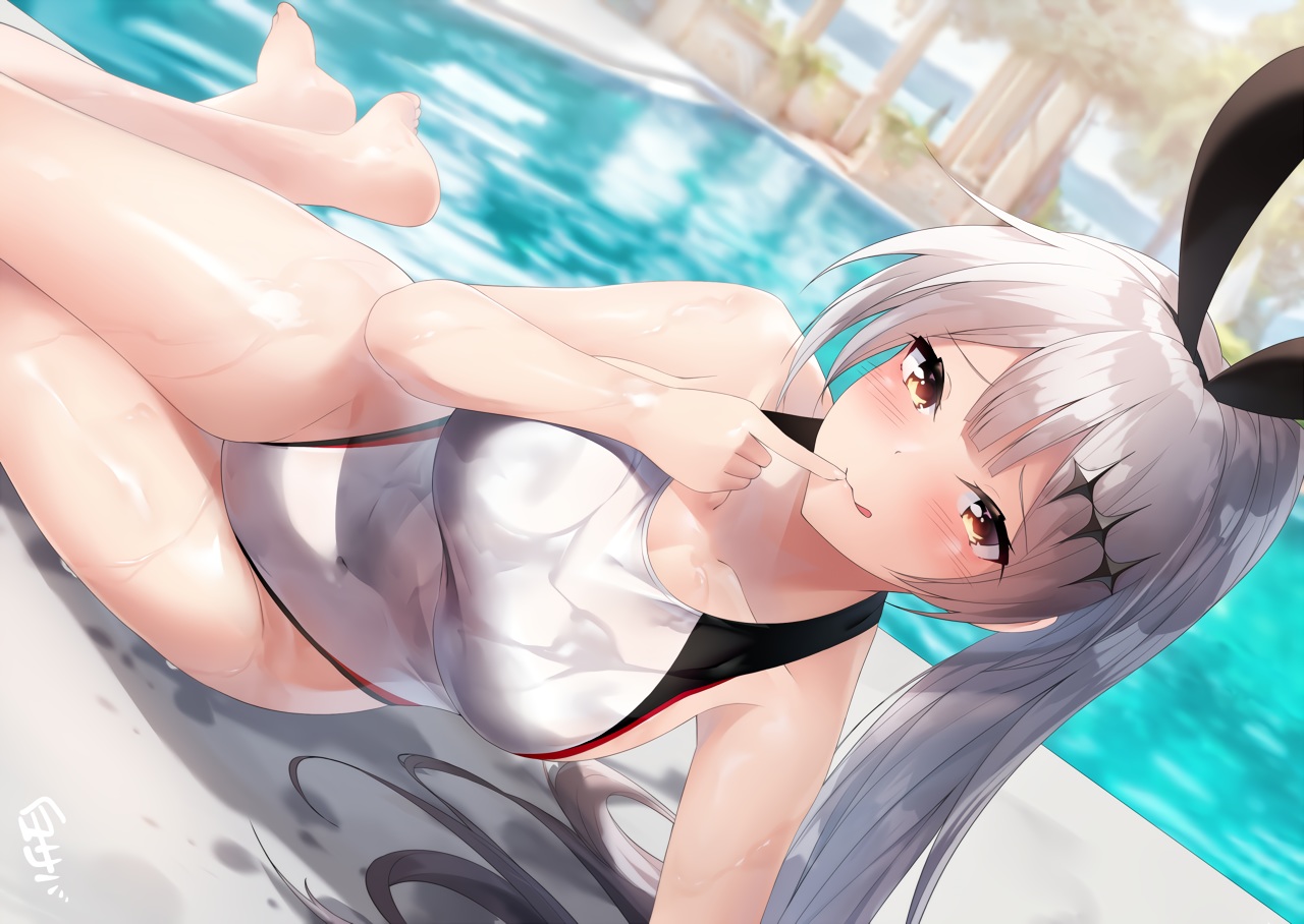 animal_ears, anthropomorphism, barefoot, blush, bunny_ears, bunnygirl, five_seven_(girls_frontline), girls_frontline, gray_hair, long_hair, ponytail, pool, shirosaba47, signed, swimsuit, water, wet