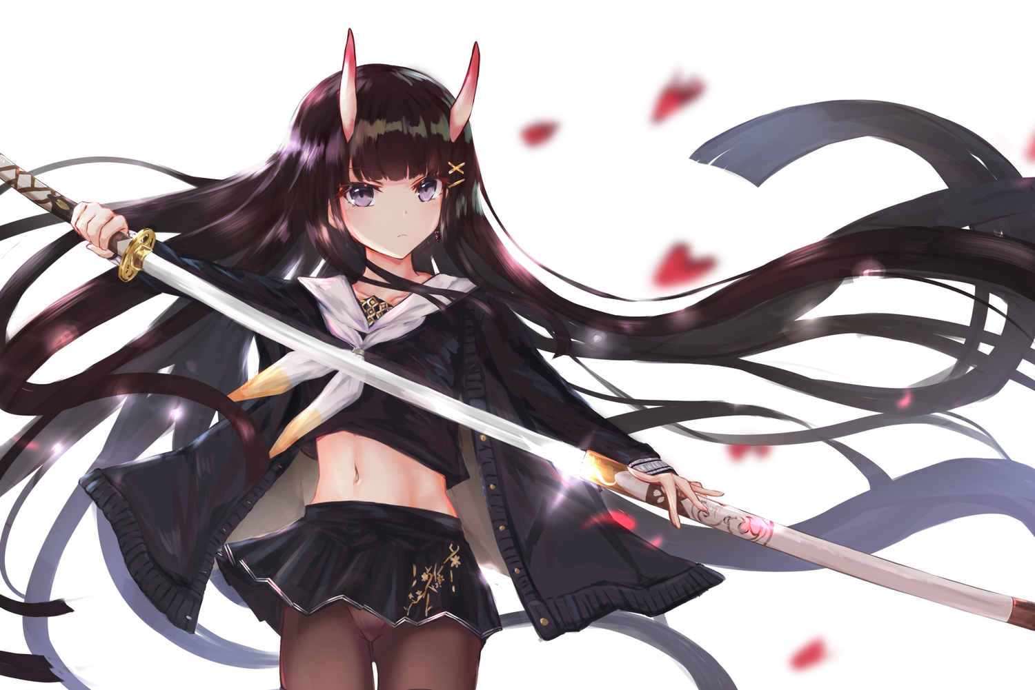 anthropomorphism, azur_lane, brown_hair, demon, habu_rin, horns, katana, long_hair, navel, noshiro_(azur_lane), panties, pantyhose, purple_eyes, school_uniform, skirt, sword, underwear, weapon