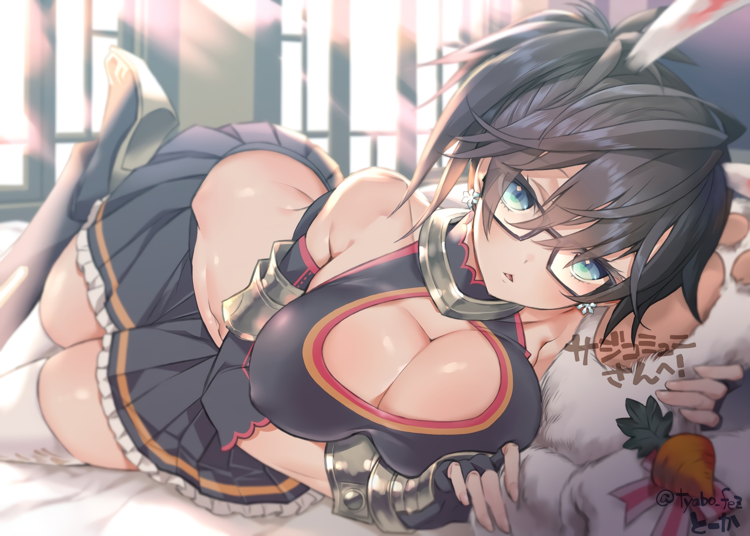 bed, black_hair, breasts, fantasy_earth_zero, glasses, gloves, ponytail, signed, skirt, thighhighs, tooka, waifu2x