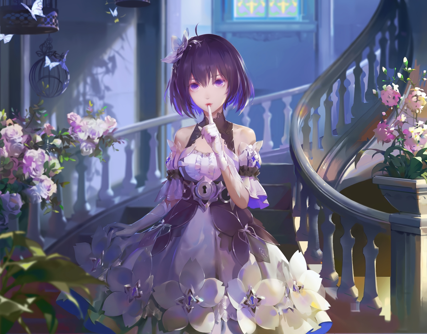 a-m-one, butterfly, cage, cropped, dress, flowers, gloves, honkai_impact, honkai_(series), purple_eyes, purple_hair, seele_vollerei, short_hair, stairs