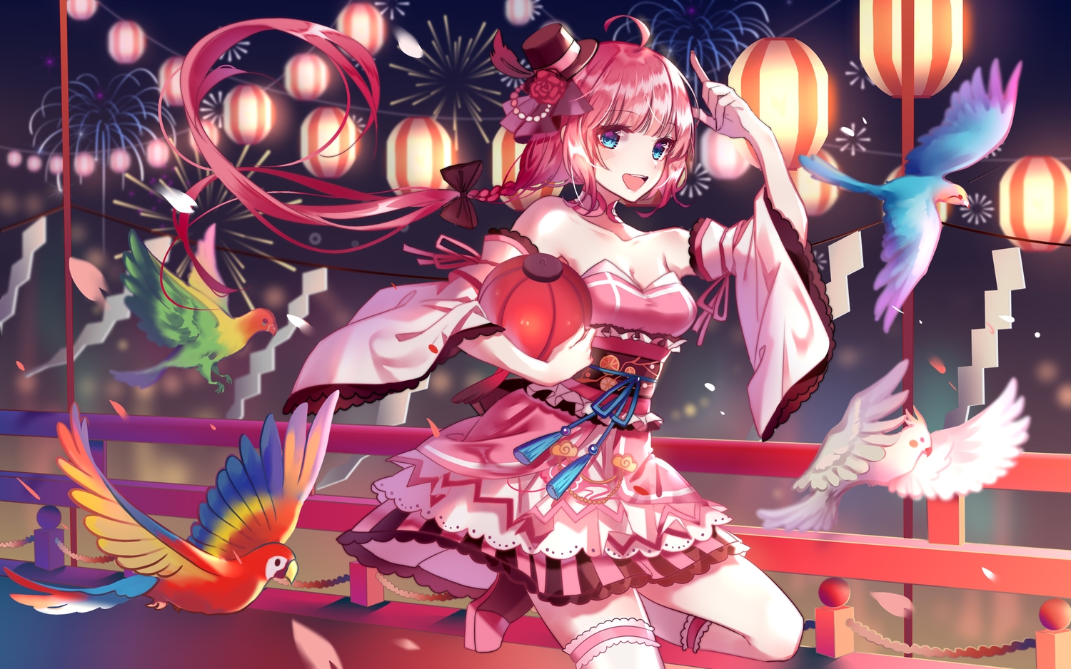 akira_(ying), animal, aqua_eyes, bird, blush, bow, braids, fireworks