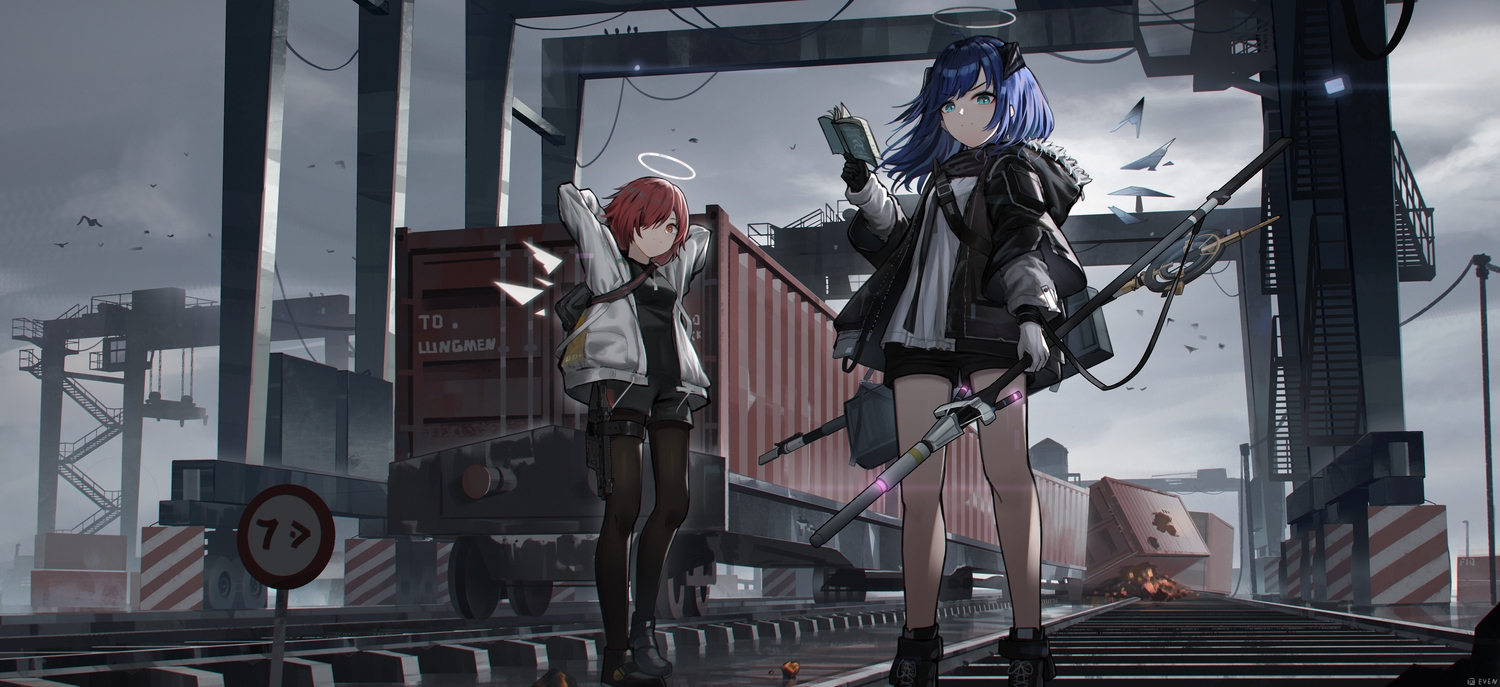 2girls, arknights, even_(even_yiwen), exusiai_(arknights), industrial, mostima_(arknights), pantyhose, short_hair