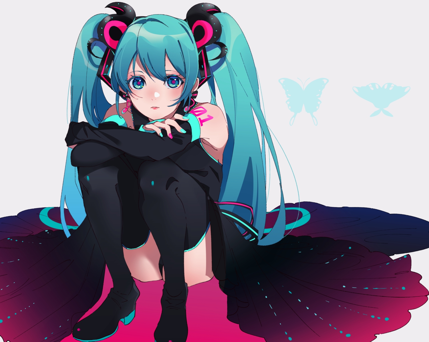 aqua_eyes, aqua_hair, boots, dress, hatsune_miku, long_hair, motu0505, thighhighs, twintails, vocaloid