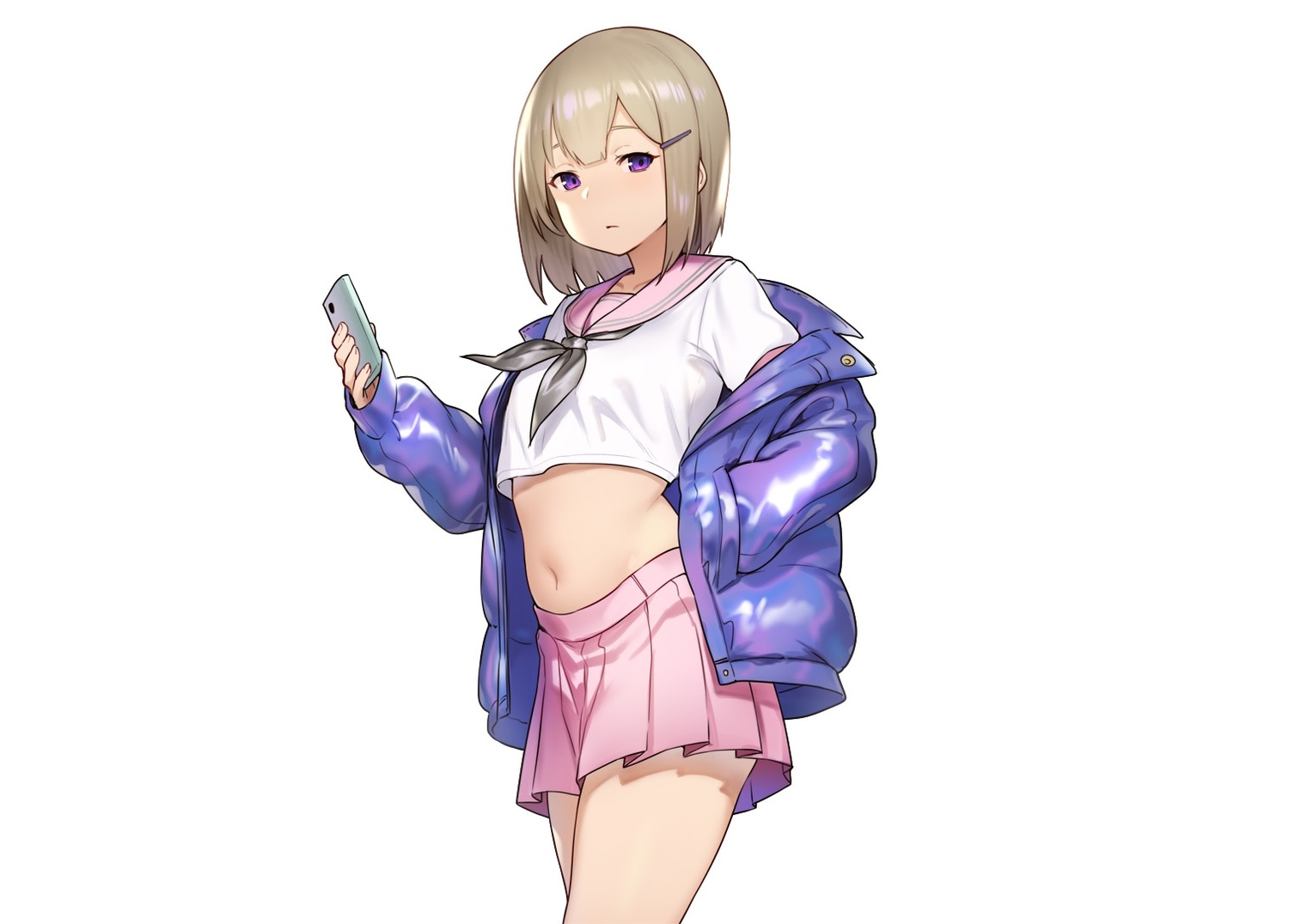 blonde_hair, flat_chest, houtengeki, navel, original, phone, purple_hair, school_uniform