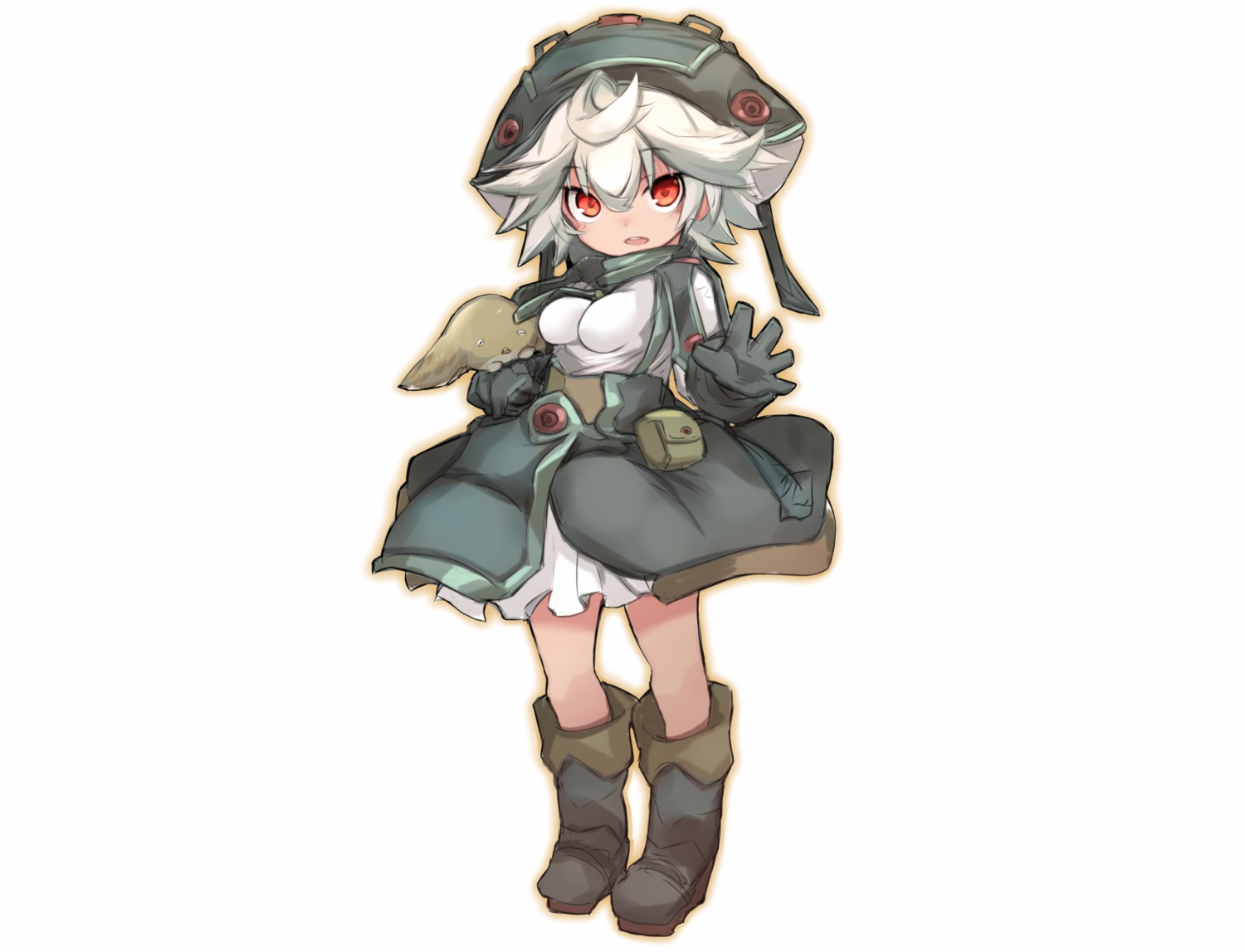 boots, gloves, hat, karukan_(monjya), loli, made_in_abyss, prushka, red_eyes, short_hair, sketch, skirt, white_hair