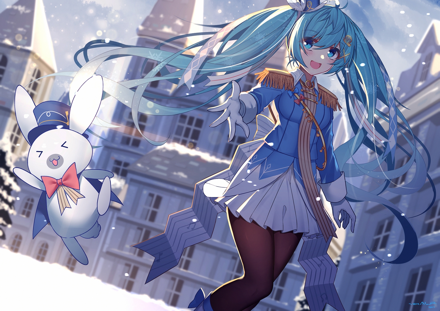 aluppia, animal, building, hatsune_miku, rabbit, snow, vocaloid, yuki_miku