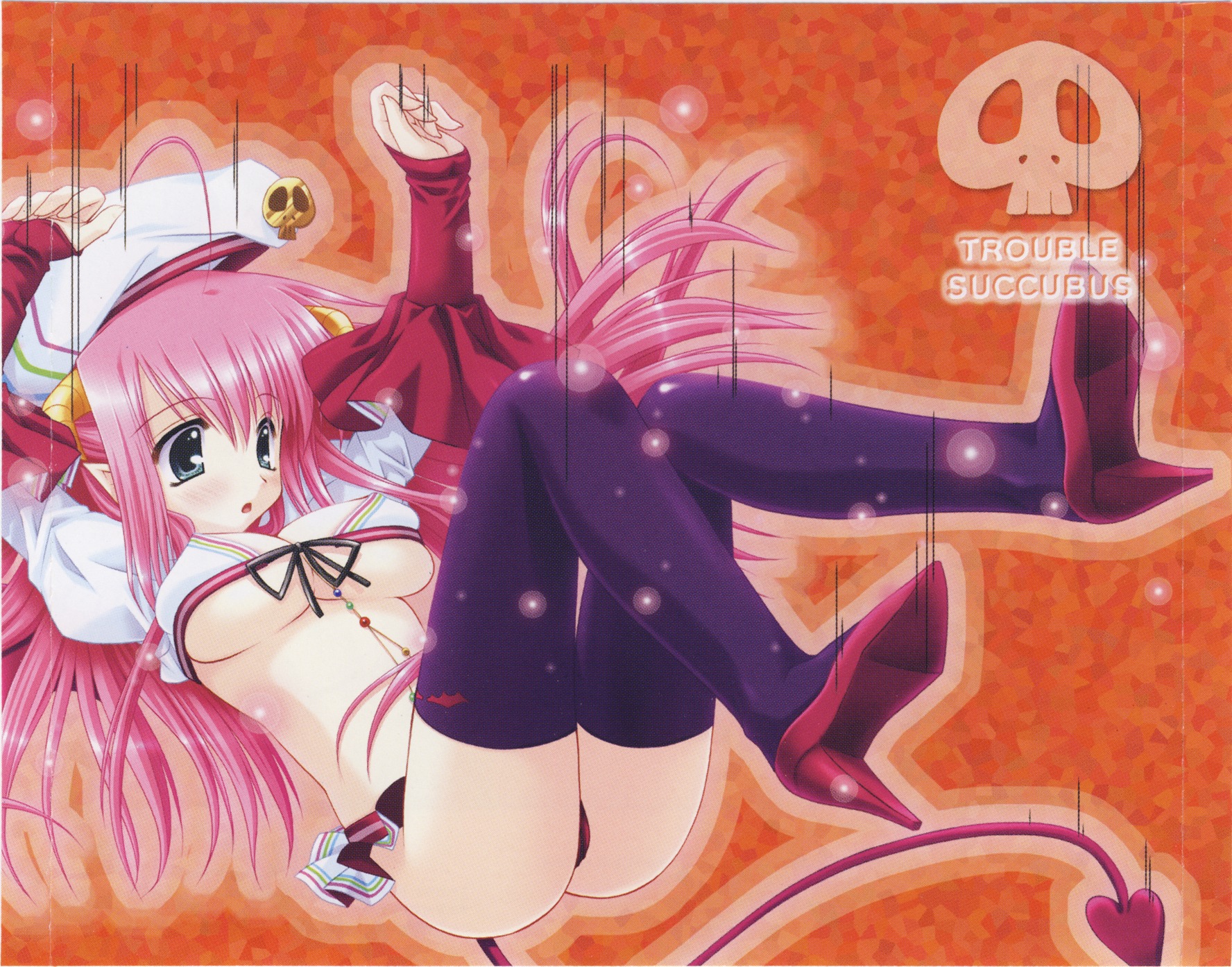 araiguma, blue_eyes, breasts, erect_nipples, hat, horns, nina_luna, pink_hair