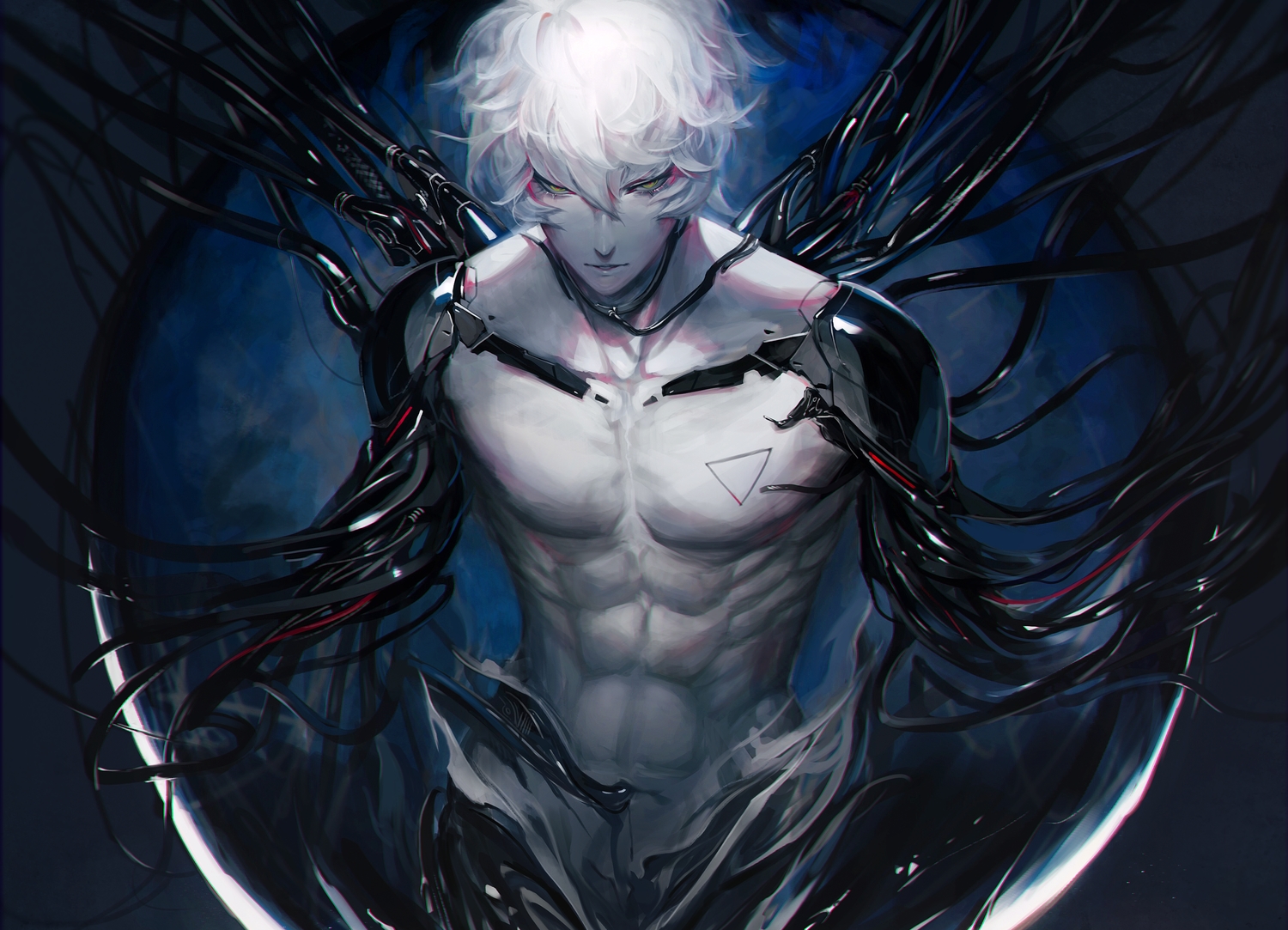 all_male, egawa_akira, green_eyes, male, nude, original, robot, short_hair, white_hair