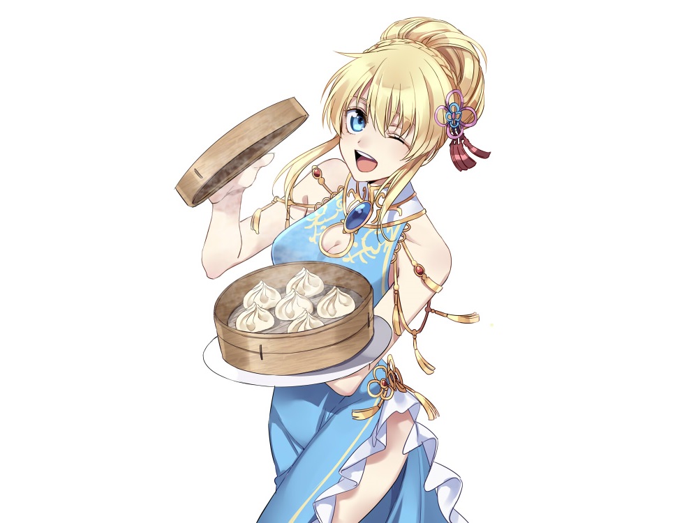 aliasing, aqua_eyes, blonde_hair, braids, breasts, chinese_clothes, chinese_dress, cleavage, dress, food, kirimi_maguro, lilith_aileron, tales_of_destiny, white, wink