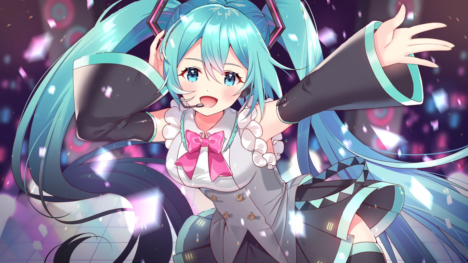 aqua_eyes, aqua_hair, blush, bow, fujishiro_kokoa, hatsune_miku, headphones, long_hair, microphone, skirt, thighhighs, twintails, vocaloid